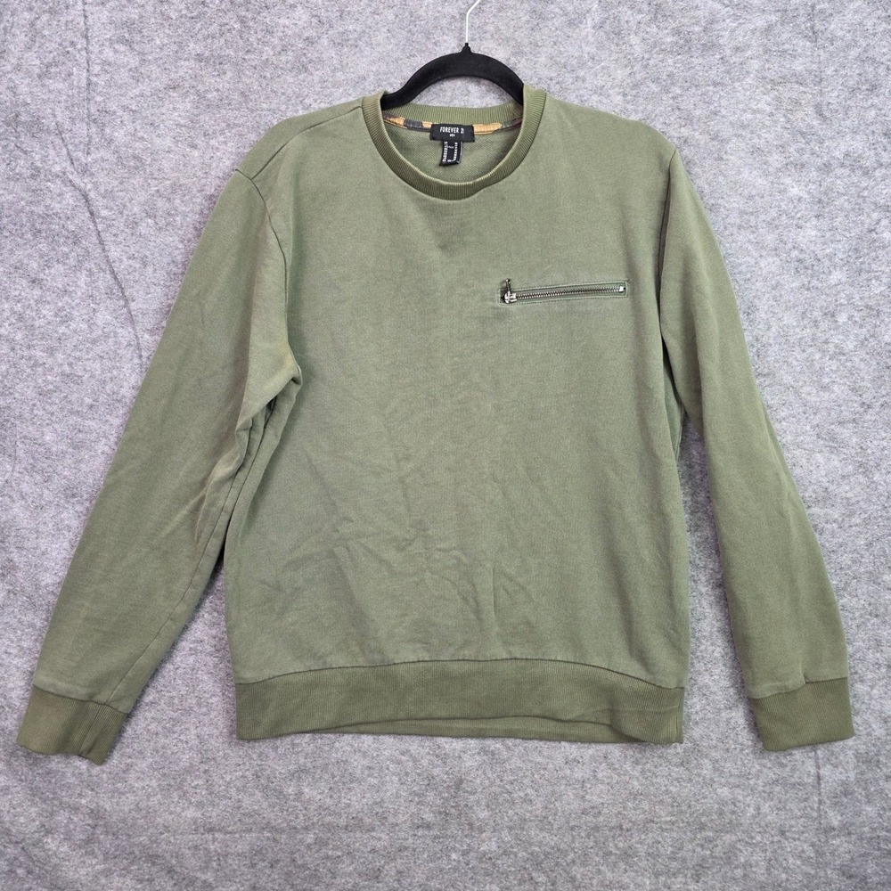 Forever 21 Men Olive Green Crewneck Sweatshirt Zip Chest Pocket Size M READ